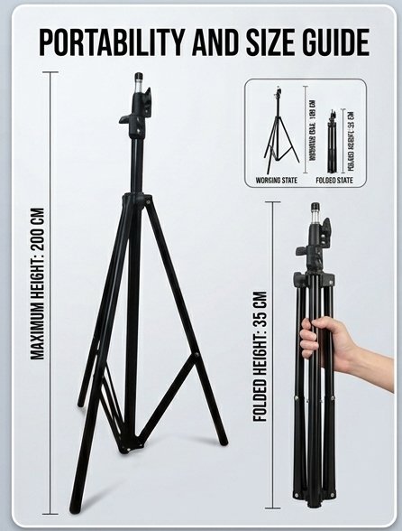 adjustable tripod stand, folding tripod stand, 200 cm tripod stand, portable light stand, ring light stand, photography tripod, video recording stand, lightweight tripod holder, studio light stand, content creator accessories