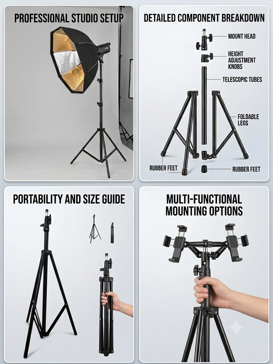 adjustable tripod stand, folding tripod stand, 200 cm tripod stand, portable light stand, ring light stand, photography tripod, video recording stand, lightweight tripod holder, studio light stand, content creator accessories - Image 5